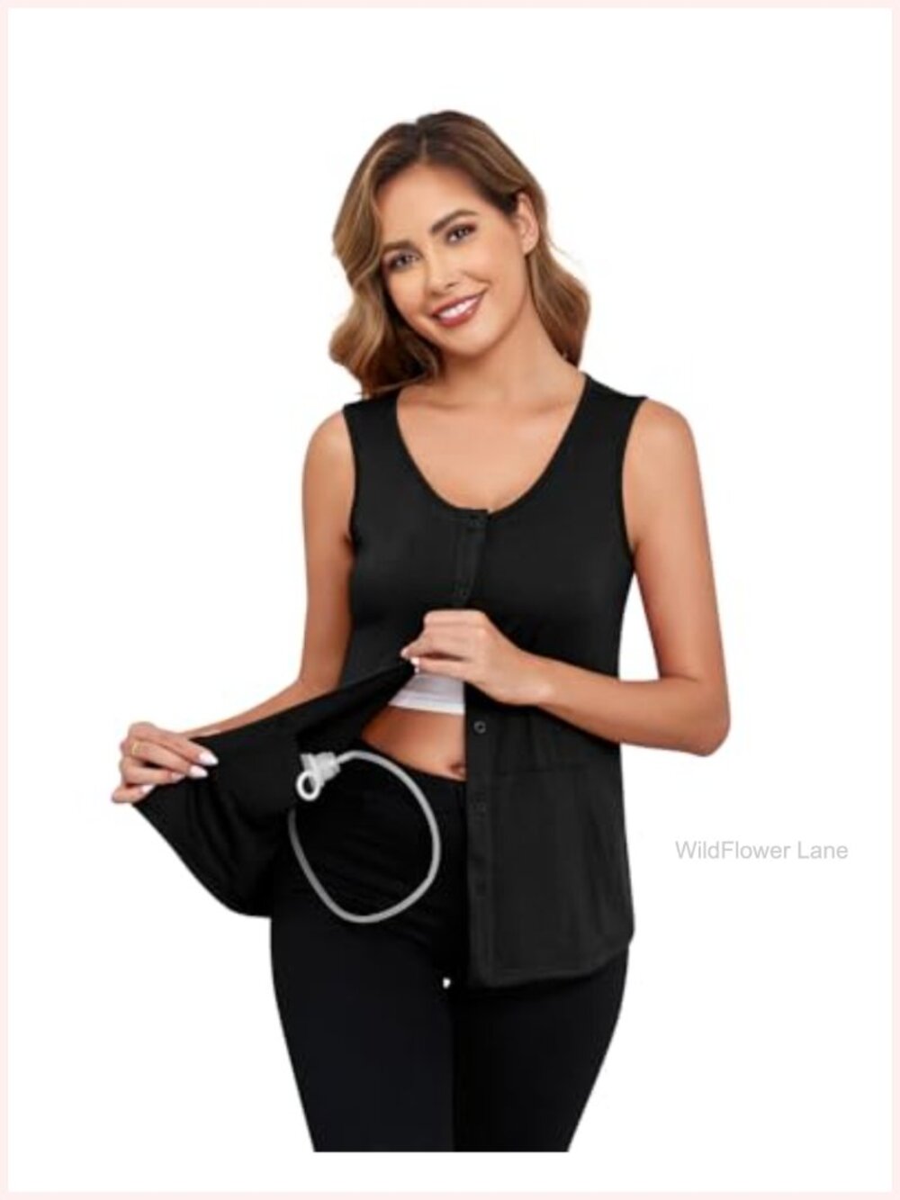 Mastectomy Tank Top with Drain Pockets Front Button Post-Surgery
